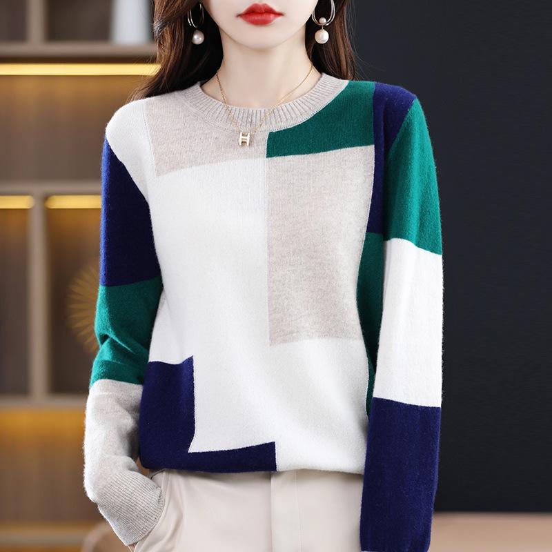 Women's 100% Pure Wool Patchwork Sweater - Round Neck Knitwear for Autumn/Winter 2025