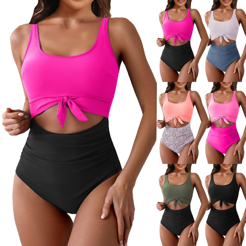 Women's One-Piece Swimsuit With Cross Straps To Cover The Belly, Conservative Solid Color Patchwork Swimsuit