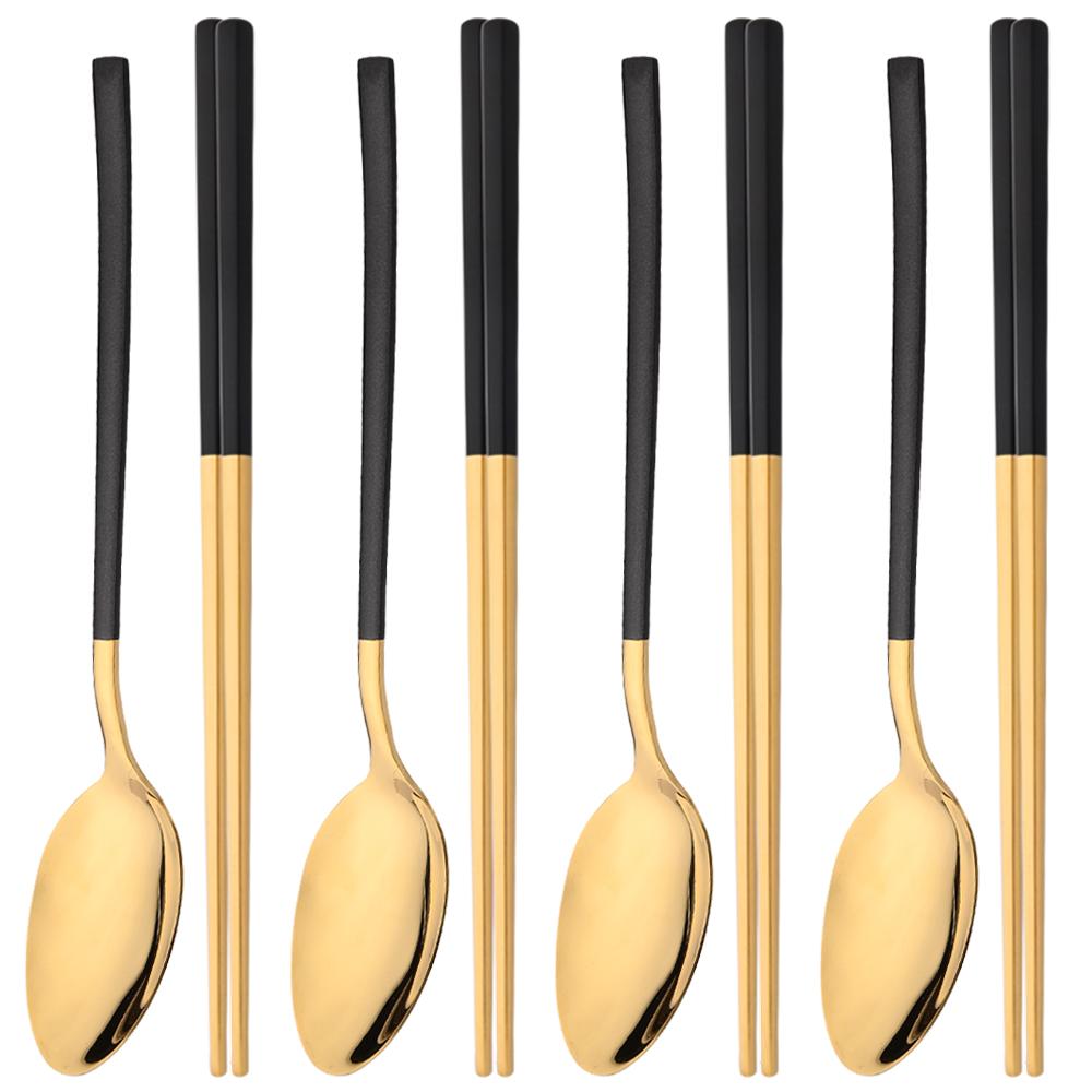 Gold Stainless Steel Cutlery Set Sushi Sticks Dinner Spoons Set 8Pcs Dinnerware Korean Chopsticks Dessert Spoon Flatware Set