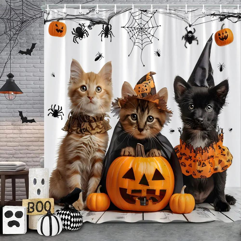 Funny Cat Halloween Shower Curtain Pumpkin Spider Animal Holiday Gift Polyester Curtains Bathroom Decor Hooks For Made Of
