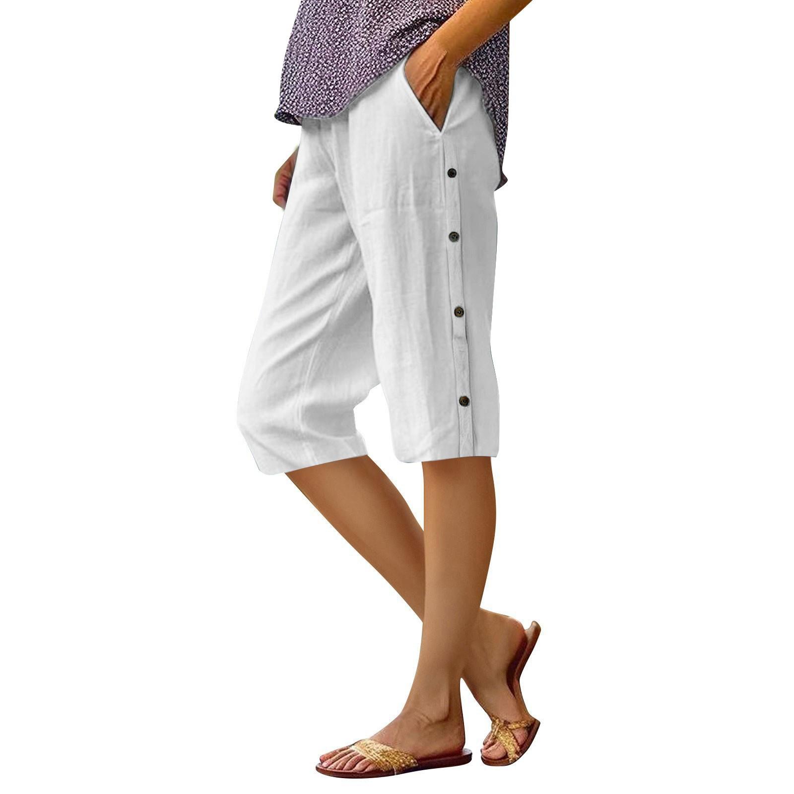women s Summer Cotton Linen High Waist Loose Capri Pants Side Button Decor Side Pocket Casual Cropped Trousers S белый