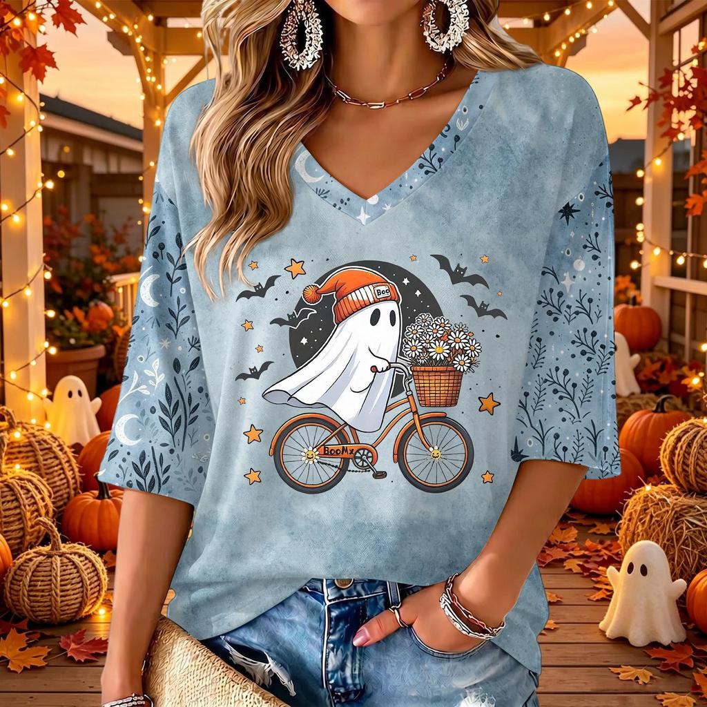 Women's V-Neck Halloween Print Casual Three-Quarter Sleeve Top