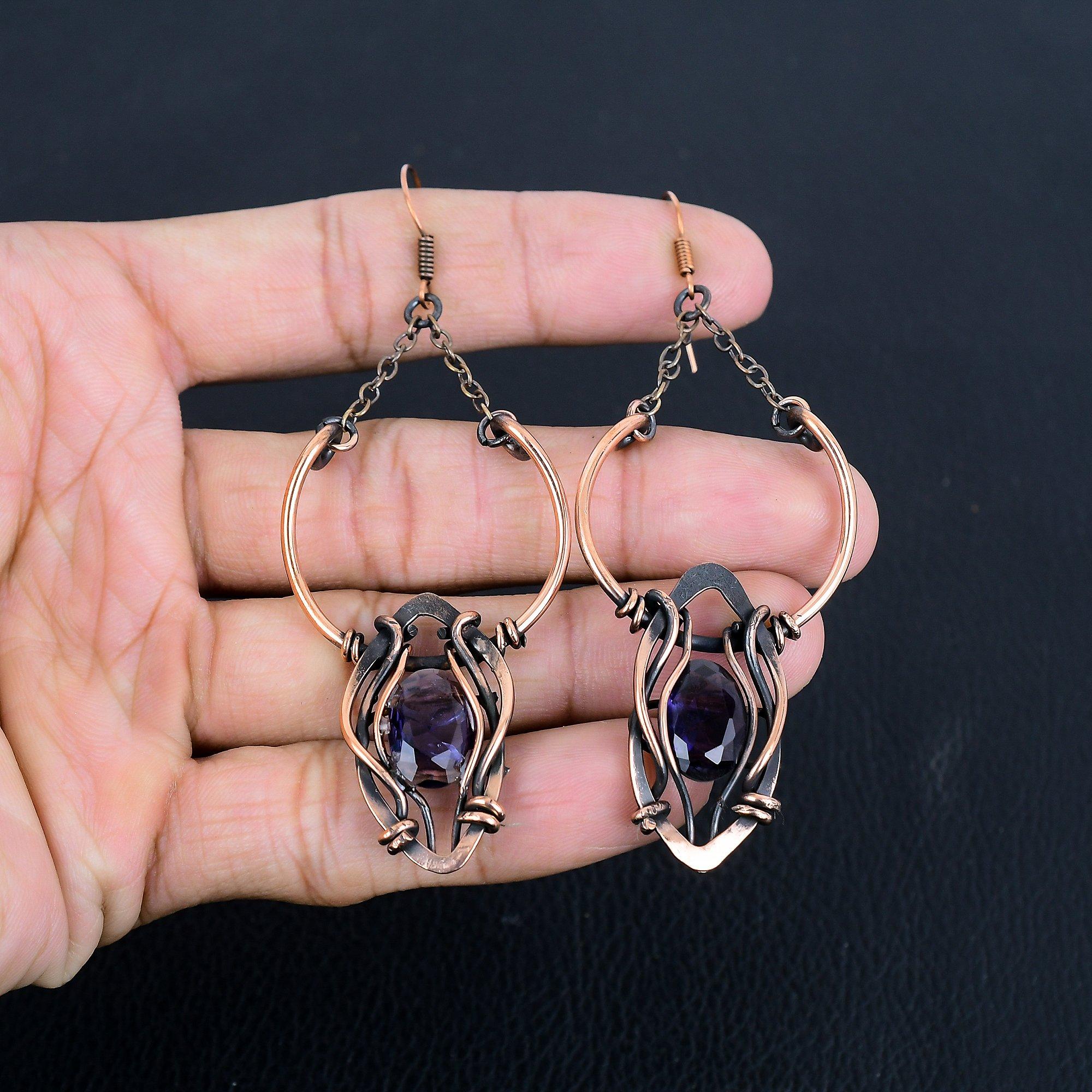 

Серьги с аметистом, ювелирные изделия из драгоценных камней, серьги, обмотанные медной проволокой 999 пробы, подарок для женщин, серьги ручной работы 2.55 Inches