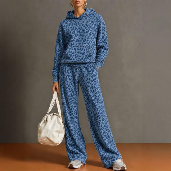 Comfortable Women Tracksuit Leopard Print Hoodie & Pants, Hooded Sweatshirt with Kangaroo Pocket, Casual Retro Outfits Wide Leg Loose Two Piece Lounge