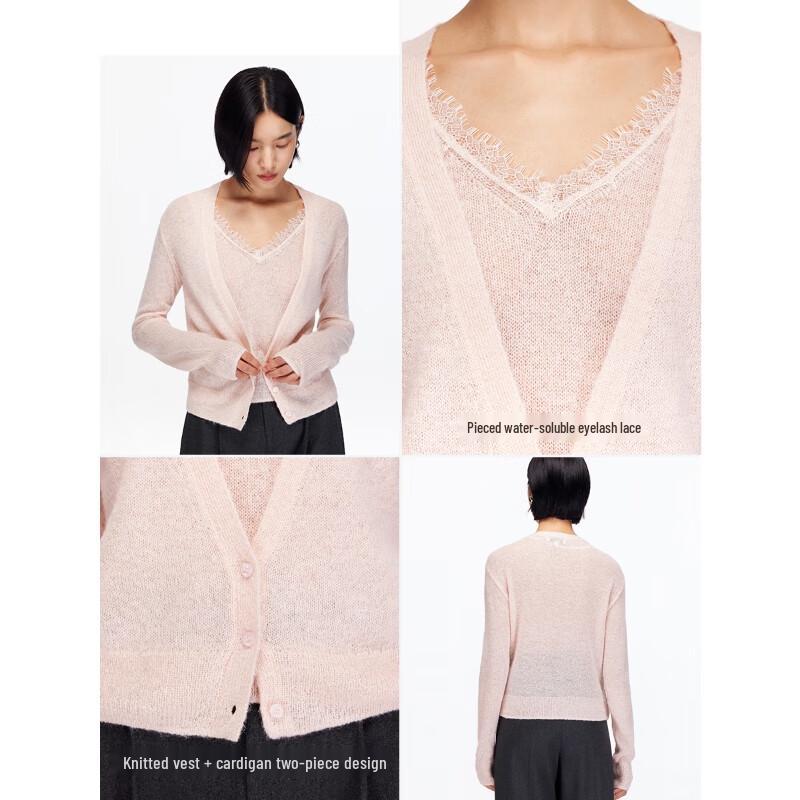 VEROMODA Women's Faux Two-Piece V-Neck Knit Sweater with Lace Trim