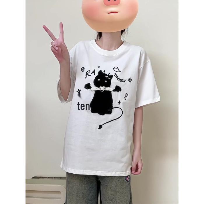 2025 Summer Girlish Kitten Print Loose Cotton Short Sleeve Women's T-shirt