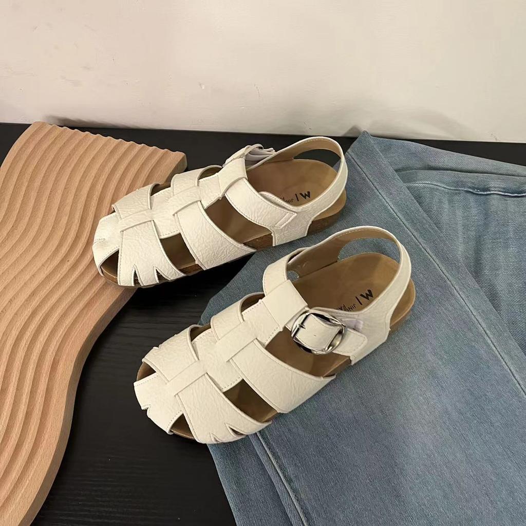 Fashion Women's Solid Color Retro Flat Sandals Summer Hollow Woven Baotou Roman Beach Shoes Versatile Soft Bottom Hole Shoes for Women