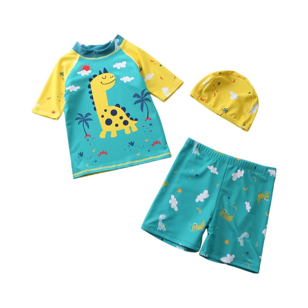 Boys Three Piece Swimsuit Set Short Sleeve Rash Guard Swim Shirt Swim Shorts and Swim Cap Cartoon Dinosaur Print Sun Protection Swimwear