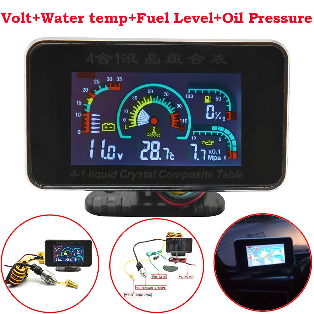 2 In 1 / 3 In 1 / 4 In 1 LCD Digital Oil Pressure Gauge Voltmeter Fuel Level Meter 1/8 NPT Oil Press Sensor + Water Temp Sensor