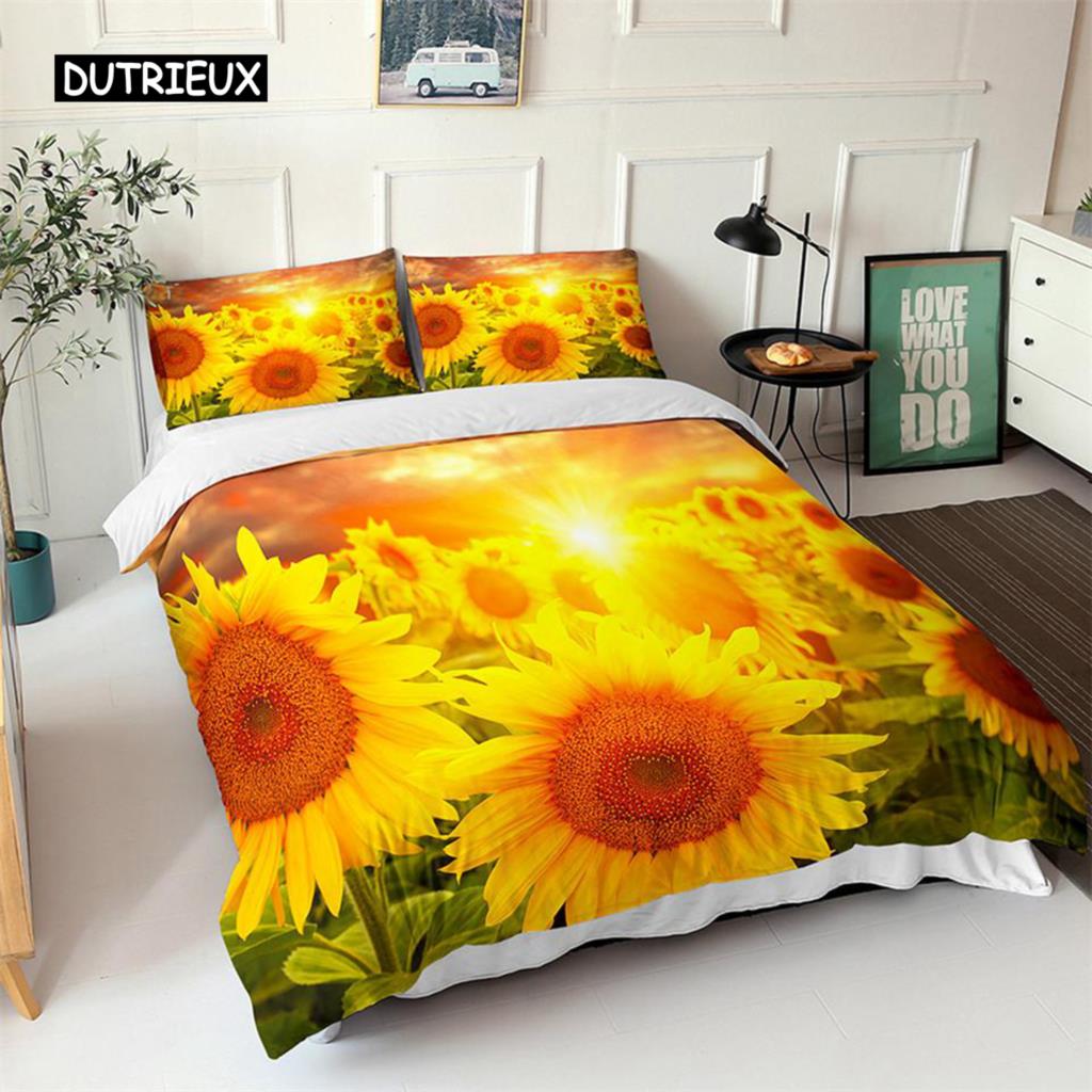 Sunflower Duvet Cover Set Yellow Flower Twin Bedding Set Polyester Black Gold Yellow Sunflowers Print Quilt Cover for Kids Teens