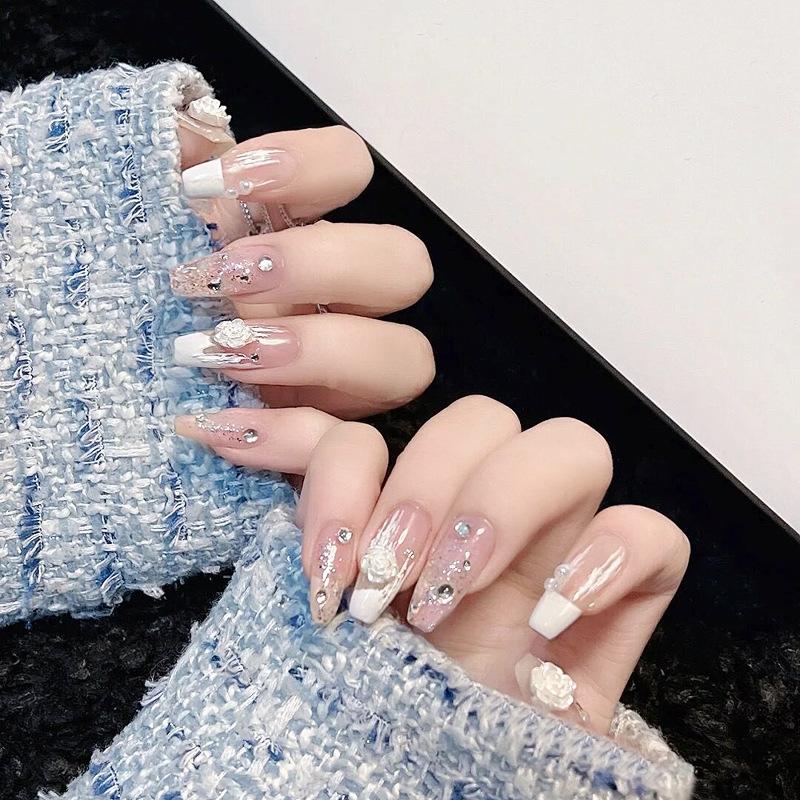 24Pcs Pink Silver Glitter Diamond Fake Nails Long Ballerina Press On Nails Reusable False Nail Tips Set