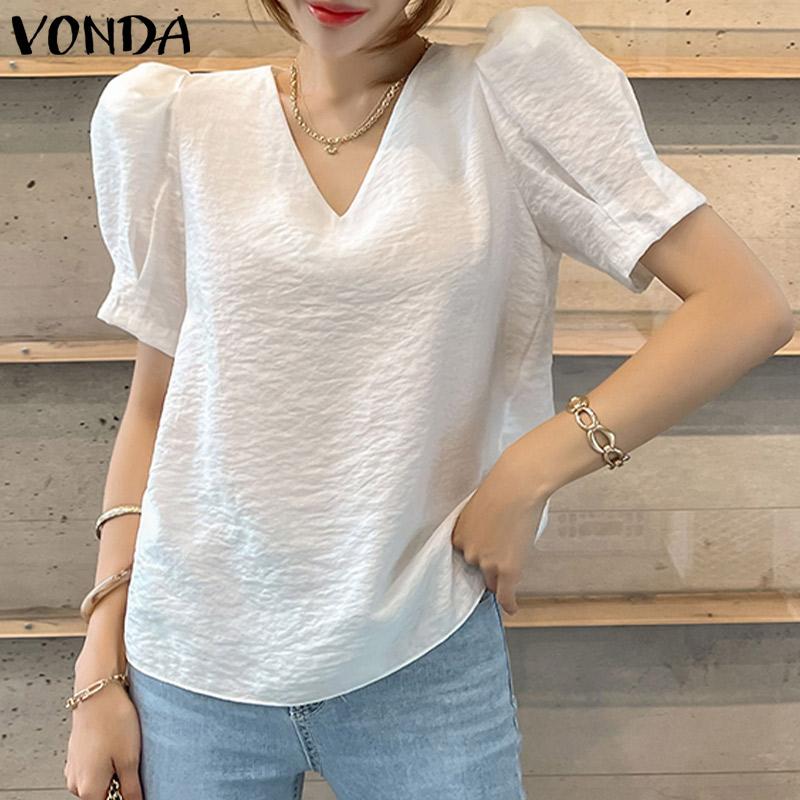 

VONDA Летние женские повседневные топы с V-образным вырезом и короткими рукавами-фонариками