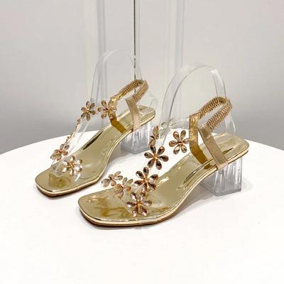 Ladies Zapatos 2025 Summer Pvc Crystal Flower Chunky Heel Peep Toe Back Strap Elastic Elegant ShoesWomen Sandals