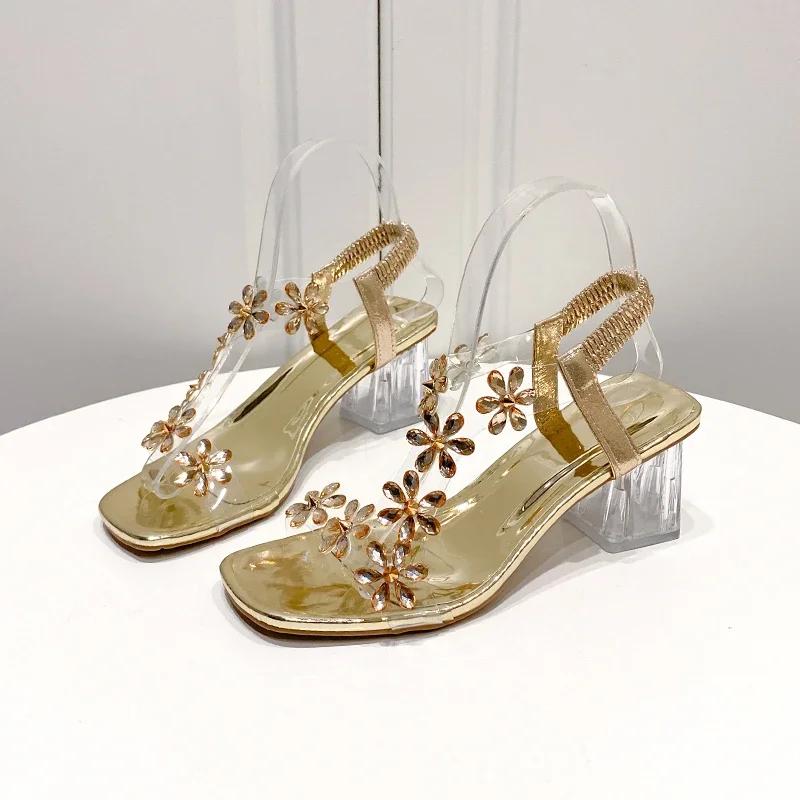 Mode Damen Zapatos 2025 Sommer Pvc Kristall Blume Klobiger Absatz Peep Toe Riemchen hinten Elastisch Elegant Modische SchuheDamen Sandalen