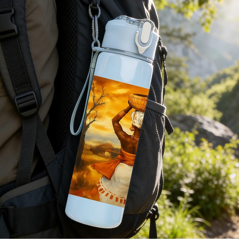 1PC African Woman Vase Head Art Print 750ml Color Plastic Sports Water Bottle Leakproof Flip Straw Lid Suitable for Sports Office Home Use
