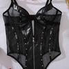 Sexy Sheer Mesh Spliced Pu Leather Slim Rivet Shaping Bodysuit For Women
