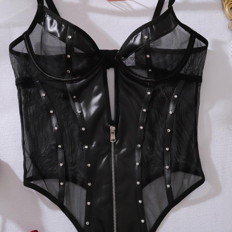 Sexy Sheer Mesh Spliced Pu Leather Slim Rivet Shaping Bodysuit For Women