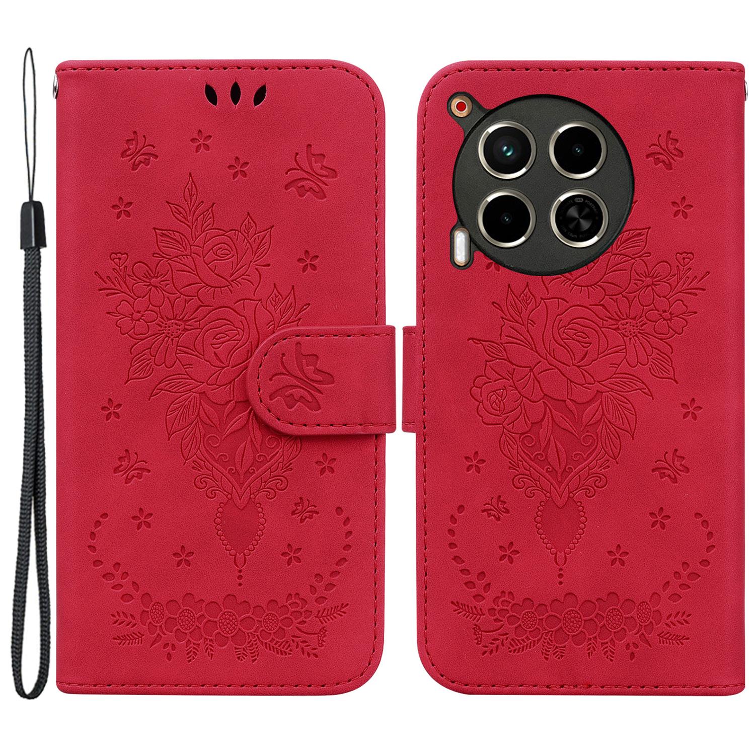

For TECNO Camon 30 4G/30 5G Wallet Case Butterfly Rose Imprint Leather Stand Phone Cover Red
