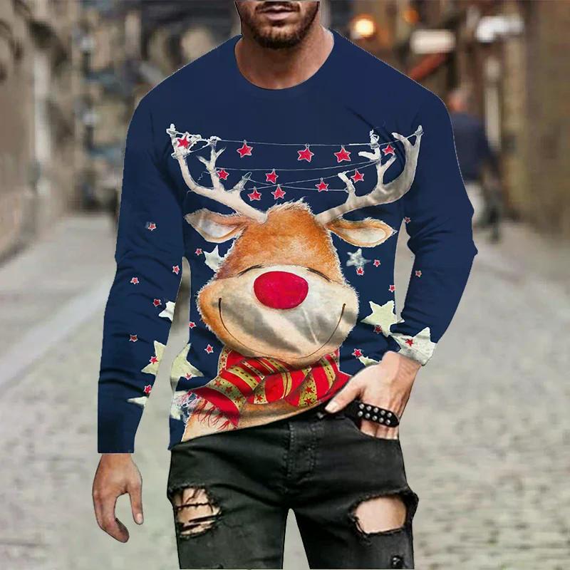 Funny Reindeer 3D Printed T-shirt Men's Christmas Hip-hop Street Wear Long Sleeved T-shirt Harajuku Top Children's T-shirt