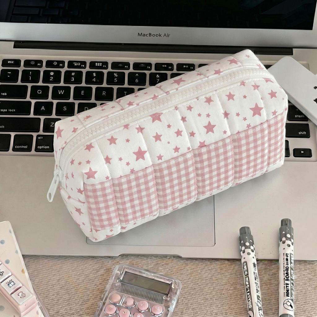 Korean Style Star Plaid Large Capacity Pencil Case for Middle School Girls