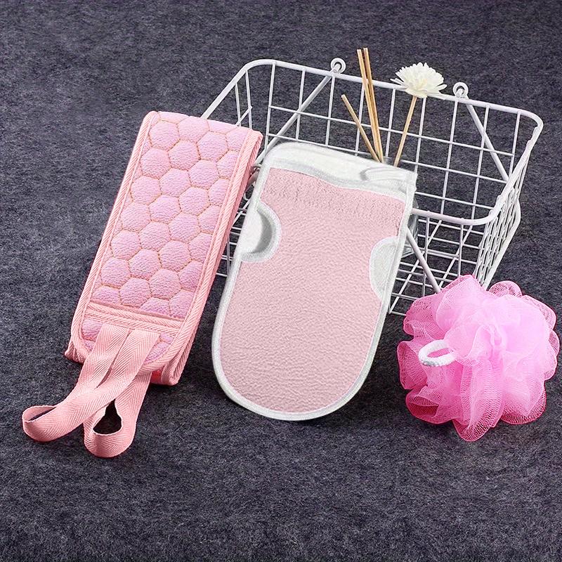 3pcs Exfoliating Towel Set, Exfoliating Gloves, Shower Flowers, Back Scrub, Dead Skin Remover, Bathroom Accessories розовый