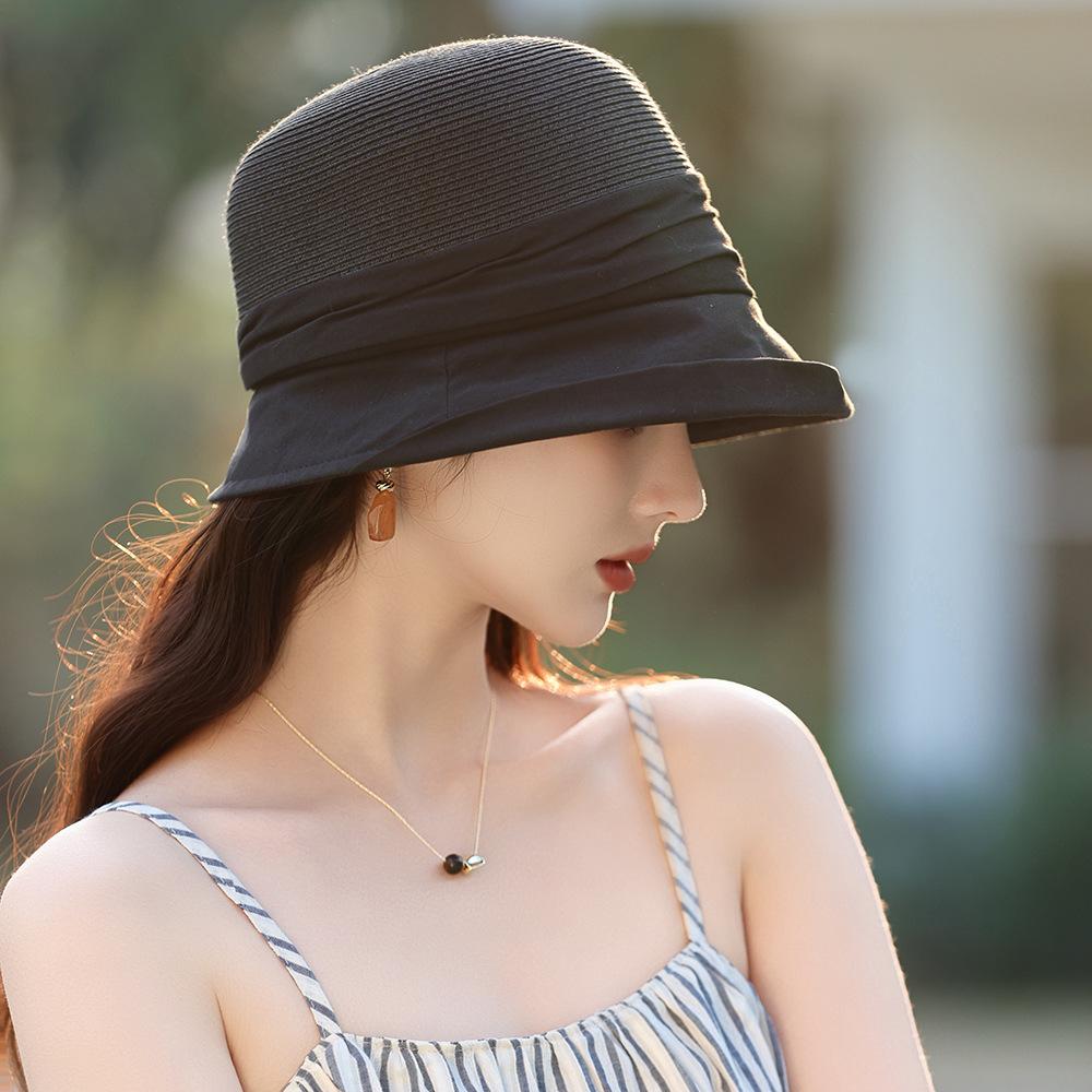 Elegant Straw Splicing Sunshade Bucket Hat Women Travel Beach Straw Hat Outdoor Sun Hat