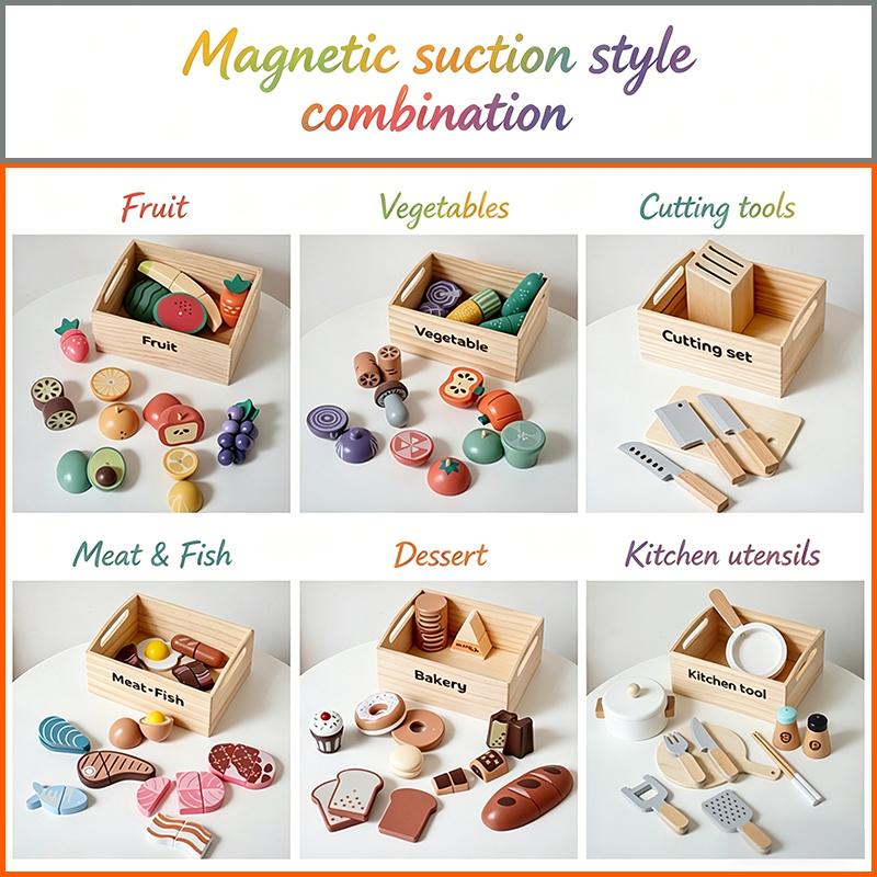 Conjunto de Brinquedos de Cozinha de Madeira para Brincadeiras de Faz de Conta Gancho Magnético Velcro Frutas Legumes Carne Sobremesa Brinquedos Educativos de Role Play