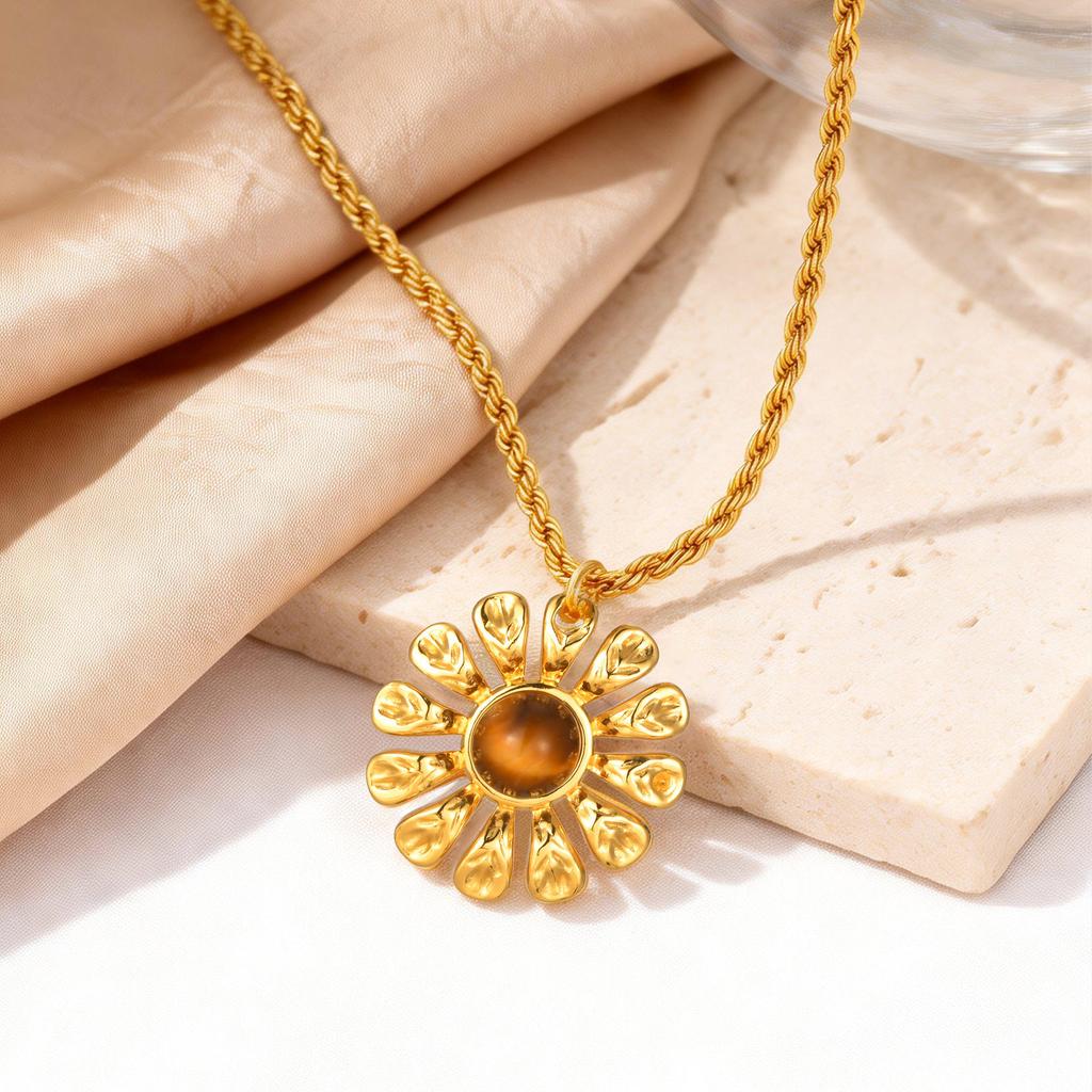 Retro Style Tiger'S Eye Stone Flower Pendant Necklace Female, Stainless Steel Twist Chain Necklace 2669