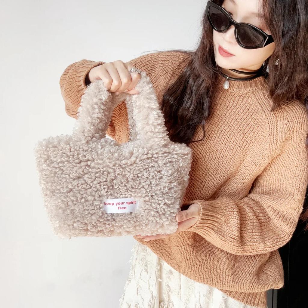 Casual Soft Plush Women's Handbags Tote Purse Simple Furry Ladies Bucket Crossbody Bags Faux Lamb Wool Female Shoulder Bag