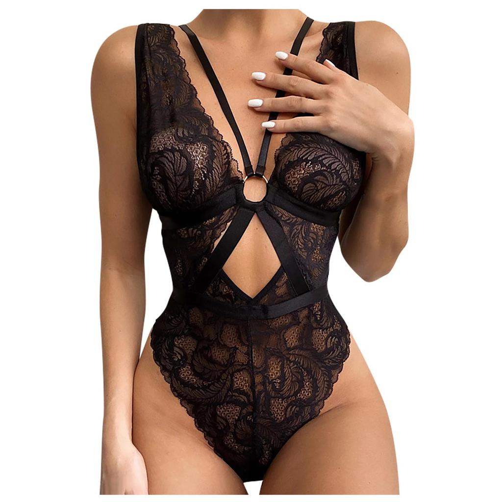 Women's Sexy Deep V Cross Ring Strap Lace One-piece Sexy Lingerie