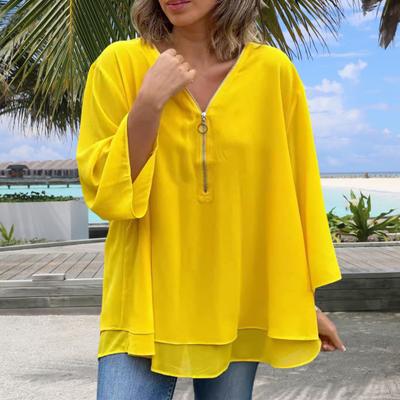 Damen Chiffon-Hemd mit V-Ausschnitt, Reißverschluss, 45355 Ärmel, Pullover, Oberteile, einfarbig, doppellagiger Saum, lockere Passform