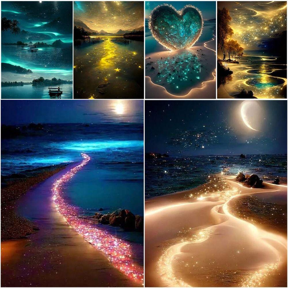 Full Square Diamond Painting Kits Round Diamonds Moonlight Beach Diamond Art Kits Fantasy Landscape DIY Diamond Painting