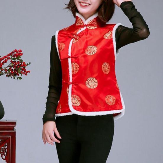 Women Vest Chinese New Year Style Protection Sleeveless Stand Collar Neck Single-breasted Printed Thickened Festive Warm Festival