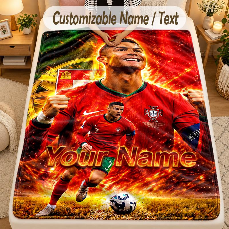 Flannel BlanketCristiano Ronaldo Custom Name Text Personalized Soft Warm Throw Blanket Home Decor Gift