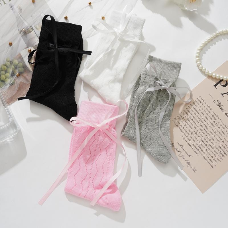Lange Damen Socken Hohe Qualität Einfarbig Schleife Süße Socken Femme Netz Aushöhlen Niedlich JK Damen Ballett Bequeme Lockere Socken