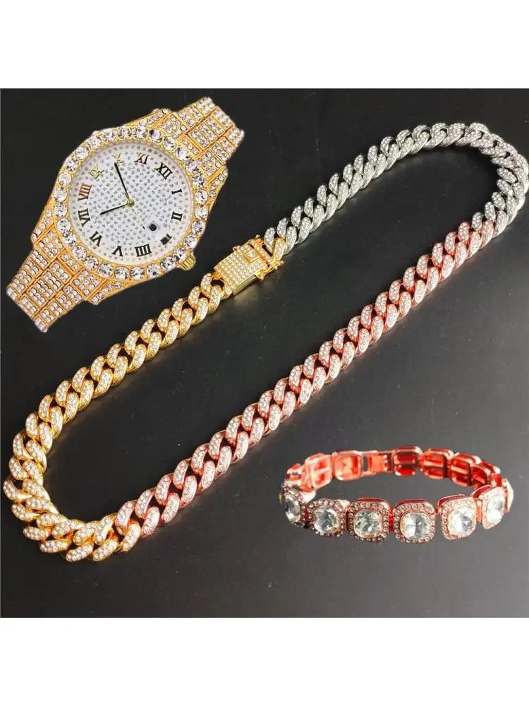 12mm Tennis Necklace +baguette Watch+bracelet Combo Sets Hip Hop Chain Iced Out Bling Paved Rhinestones For Men Women Jewelry