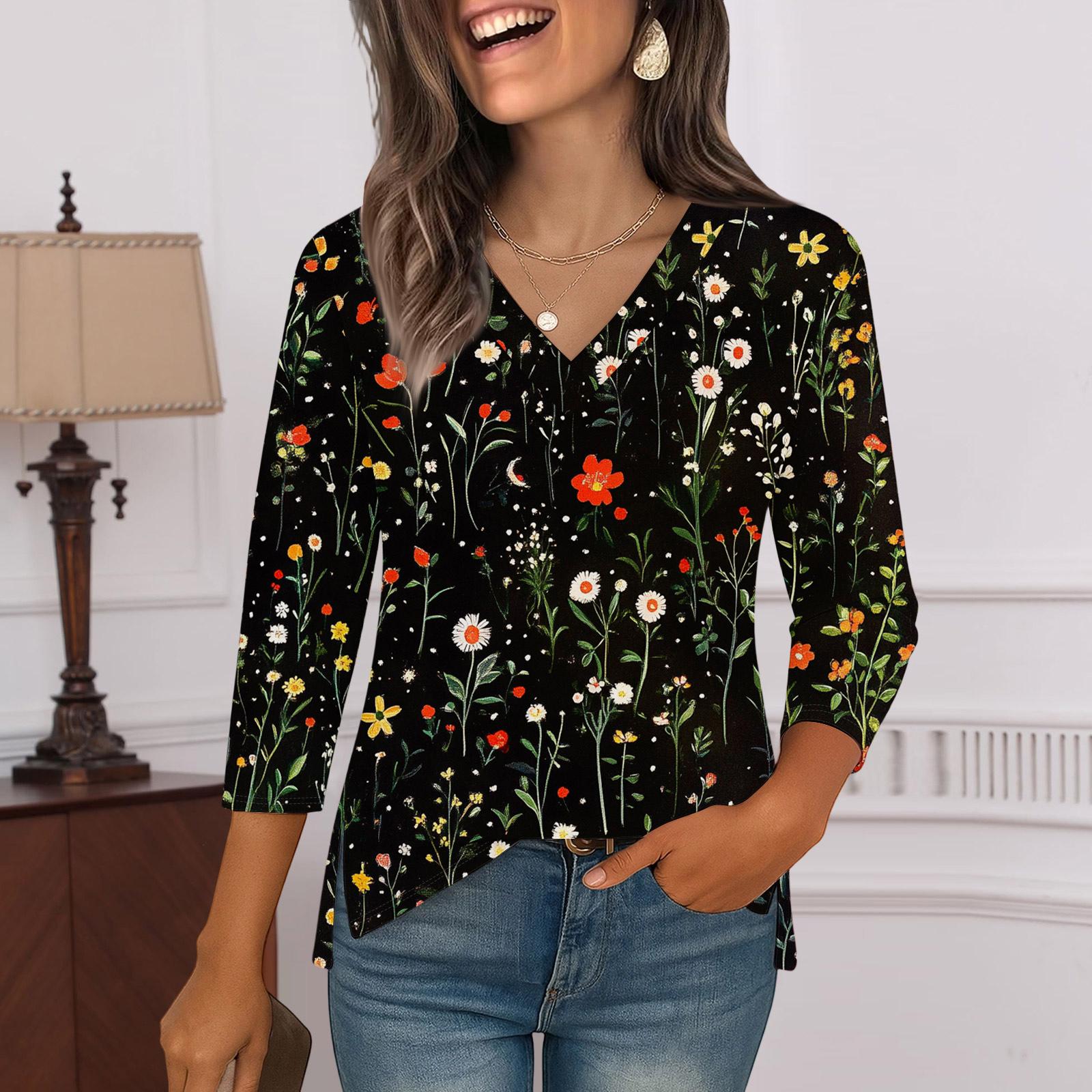 

Рубашки с рукавом 3/4 для женщин, футболки с принтом, блузки, повседневные базовые топы больших размеров, пуловеры L