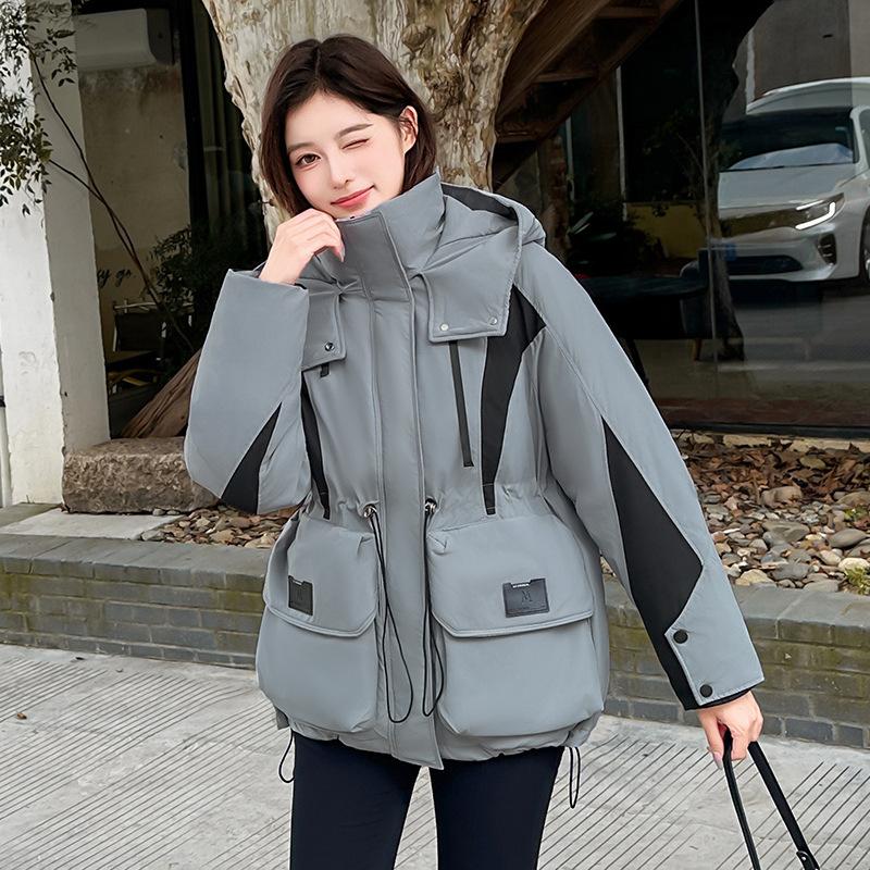 Color Matching Down Cotton Clothes Women's Medium and Long 2025 New Hooded Waist Winter Fashion Loose Thickened Warm Jacket