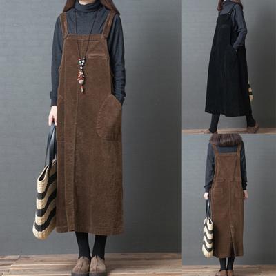 Women Plus Size Solid Big Pockets Corduroy Strap Dress Loose Long Dress