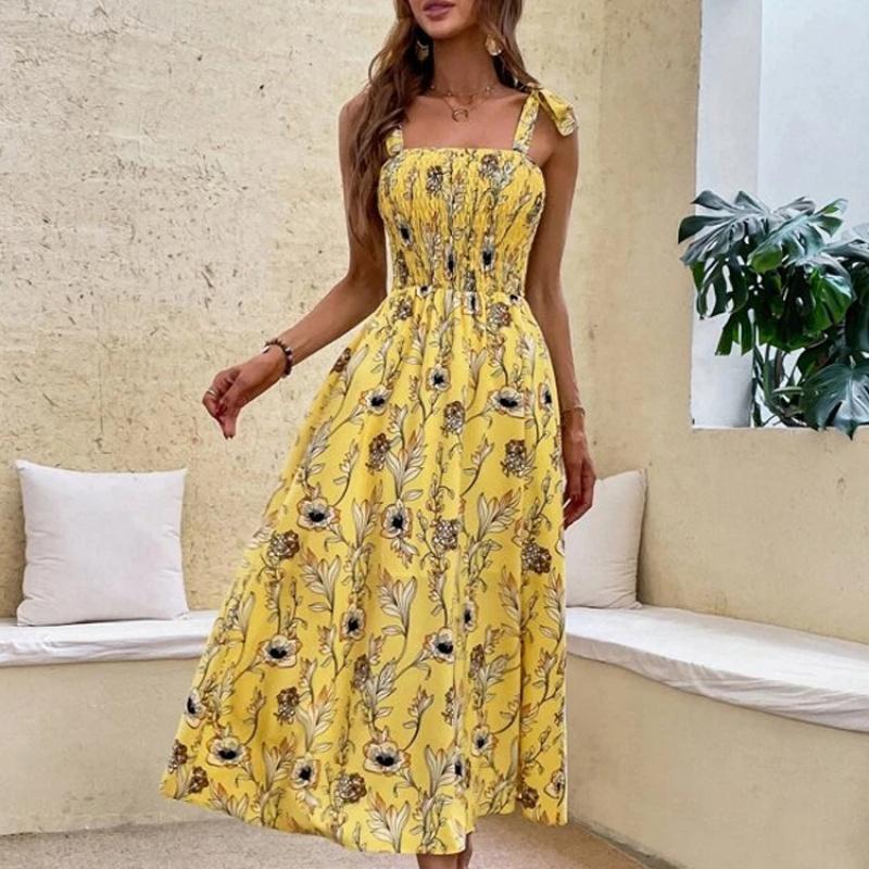 

Sexy Slim-Fit Dress Sleeveless Strapless Printed Elegant Women Long Dress 2XL жовтий