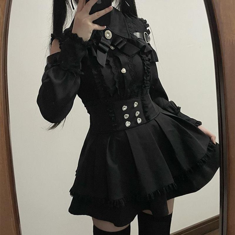 Japonský černý set krátkých sukní Gotické volánové minisukně Sexy krajkové košile Lolita šaty Y2k Estetický oblek