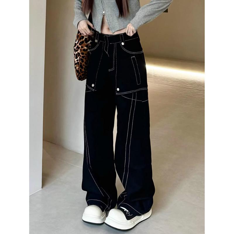 Fashionable Personalized Bright-line Personalized Straight Jeans Women In Spring and Autumn New American Retro Loose Wide-leg Pants