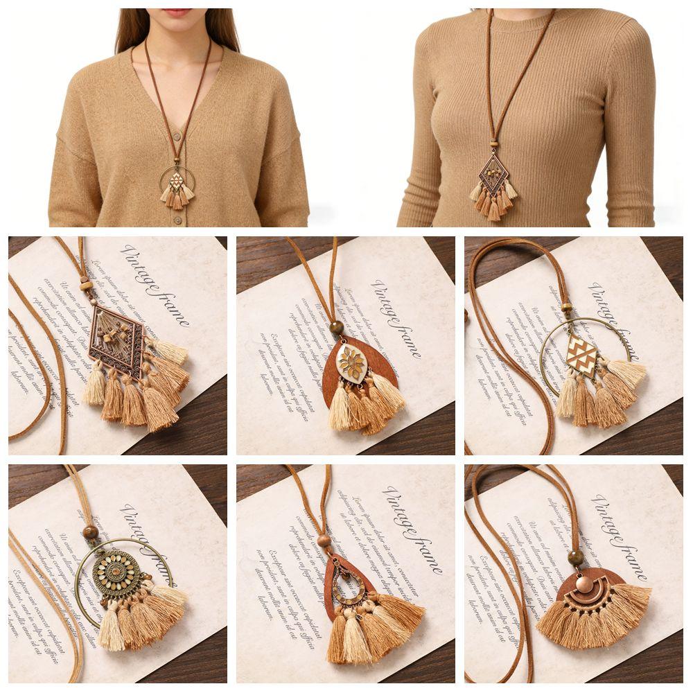 Elegante Boho Lange Halskette Damen Mode Brauner Anhänger Halsketten Retro Pullover Kette Schmuck