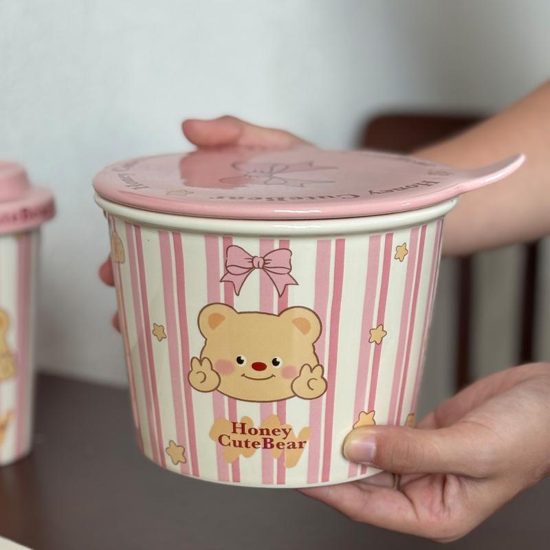 Cartoon Bear Cute Instant Noodle Bucket Household Storage Tank Large Capacity Ceramic Bowl Soup Bowl High Value Student Instant Noodle Bowl
