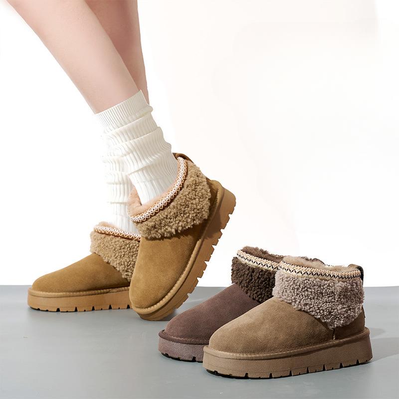 Women's Large Size Cowhide Genuine Leather Winter Warm Fur One Snow Boots Padded Lining Ankle Boots Non-slip Hiking Sports Cotton Boots