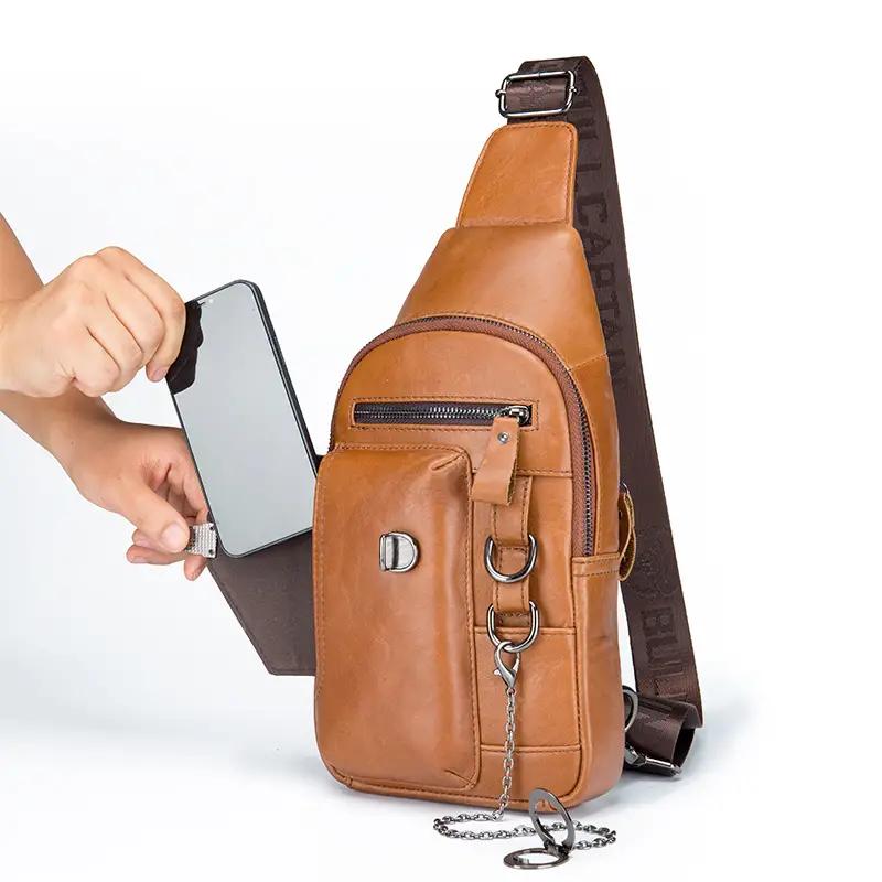 BULLCAPTAIN Brusttasche aus echtem Leder, große Kapazität, lässige Umhängetasche, modische multifunktionale Messenger-Tasche, Handytasche