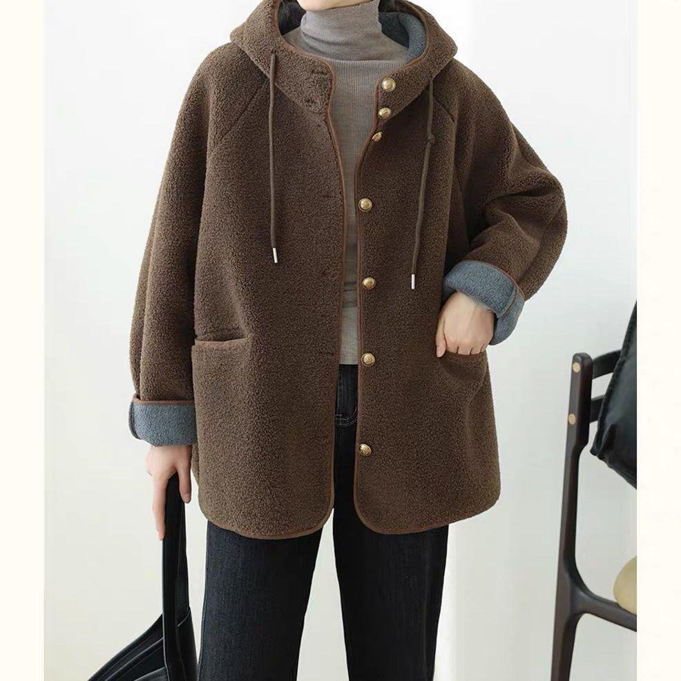 Jehněčí plyšový kabát dámský zimní s kapucí, volný a plyšový tlustý teplý granulovaný top