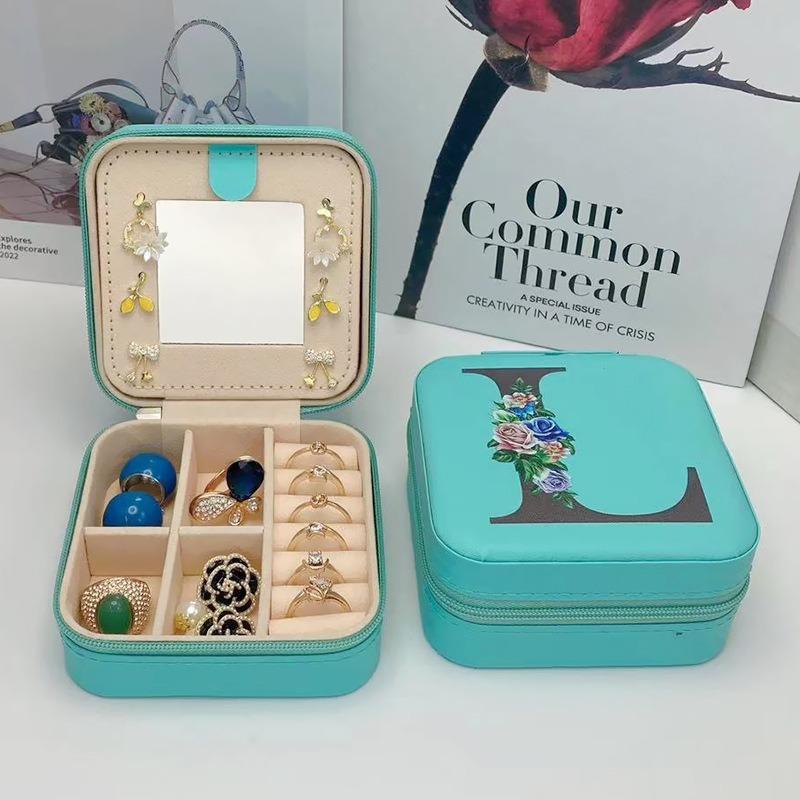 PU Leather Jewelry Box Mirror Storage Box 26 Letter Printed Portable Jewelry Organizer Earring Ring Necklace Case