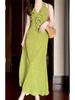 Women's Green Floral Halter V-Neck Sleeveless Long Dress - Summer 2025 Collection
