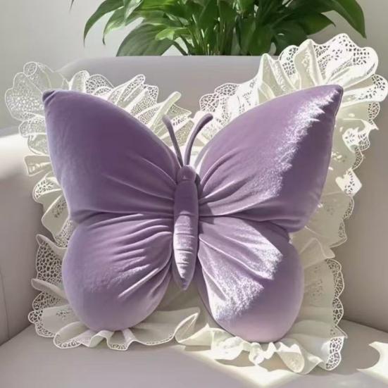 Butterfly Throw Pillow Plush Butterfly Pillow with Lace Ruffle Decorative Bedroom Cushion for Living Room Sofa Couch Bed Car